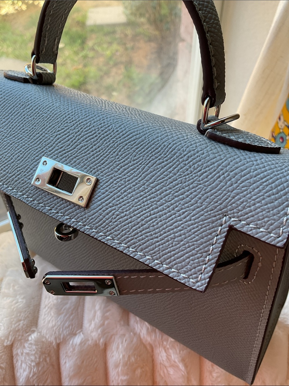 Mini Blue gray Structured Top-Handle Bag with Removable Straps silver hardware. - Picture 2 of 8